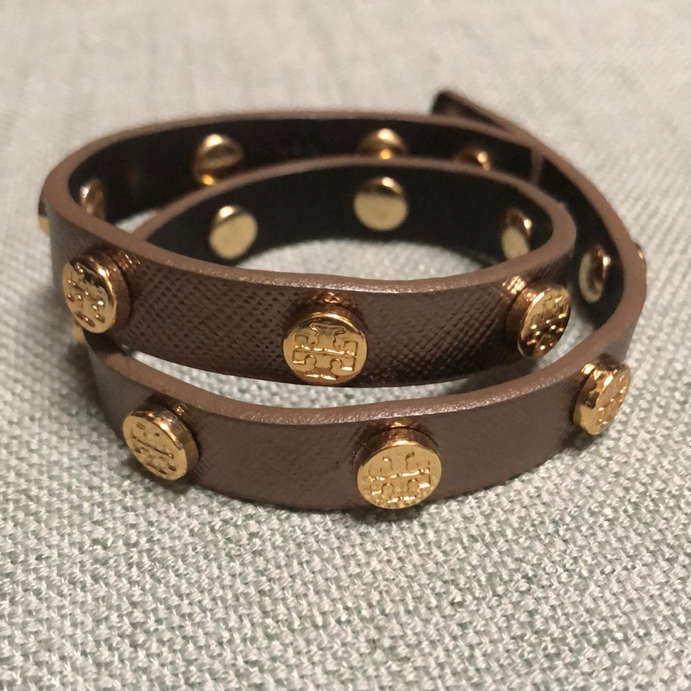 Tory Burch leather double wrap logo stud bracelet